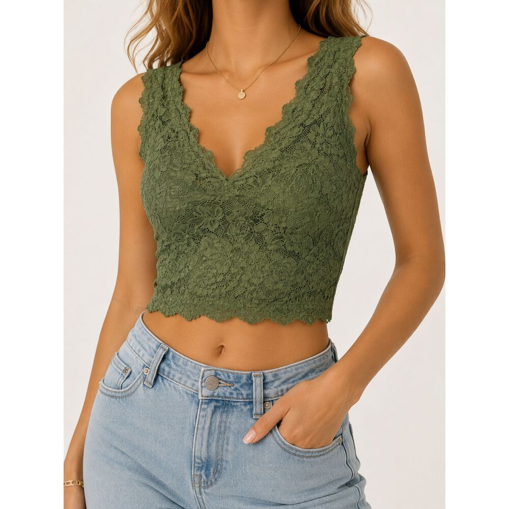 REORIA Green Lace Crop Tank Top NWT S Y2K Cottagecore Balletcore Date Night‎